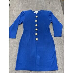 Maggie Lawrence Vintage Royal Blue Knit Dress Pearl Gold Buttons Size 10 80s 90s